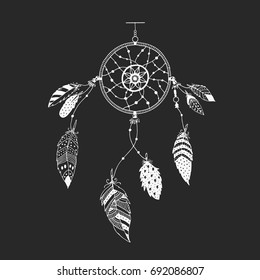 Cute hand drawn dreamcatcher with feather. Vector handdrawn doodle illustration.