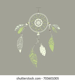 Cute hand drawn dreamcatcher with feather. Vector handdrawn doodle illustration.