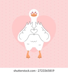 Cute hand drawn duck making a heart with wings. Valentine’s Day love card template. Vector illustration