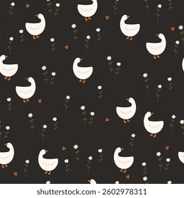 Cute hand drawn ducks and flowers on dark background, seamless pattern. Vector illustration