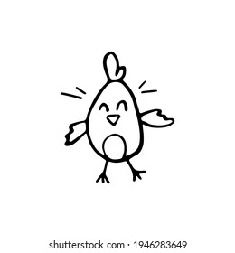 Atractivo pollo de Pascua sonriendo y agitando doodle. Diseñar elemento dibujado a mano para banner, tarjeta, web, patrón, página de libro de coloreado. Aislado en blanco.