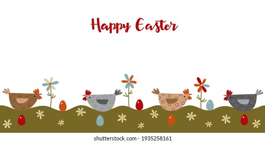Cute hand drawn Easter banner with lawn, hens, Easter eggs, flowers. Happy Easter.