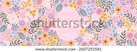 Cute hand drawn Easter banner with colorful flowers, beautiful background, great for Easter cards, banner, textiles, wallpapers - vector design
