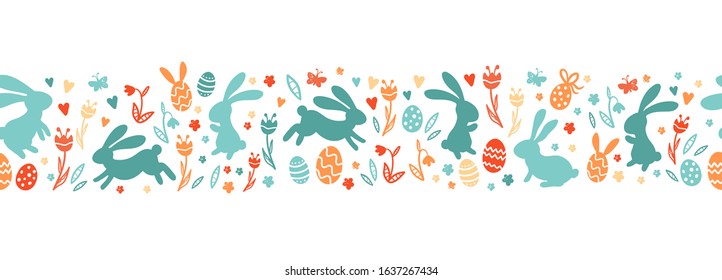 Cute hand drawn easter bunnies horizontal seamless pattern, easter doodle background, great for textiles, banners, wallpapers, wrapping - vector design