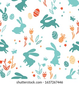 Cute hand drawn easter bunnies seamless pattern, easter doodle background, great for textiles, banners, wallpapers, wrapping - vector design