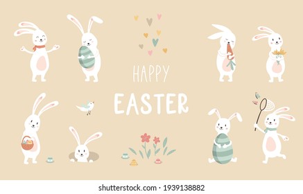 Cute hand drawn Easter Bunnies, fun pose, flowers and eggs, egg hunt, great for decorating prints, flyers, banners, wallpapers - vector design