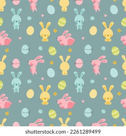 Cute hand drawn easter bunnies and eggs pattern