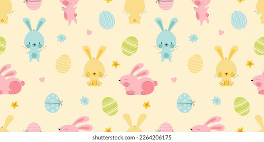 Cute hand drawn easter bunnies and eggs pattern