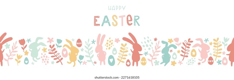 Cute hand drawn easter bunnies horizontal seamless pattern, easter doodle background, great for textiles, banners, wallpapers, wrapping - vector design