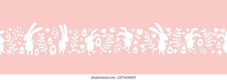 Cute hand drawn easter bunnies horizontal seamless pattern, easter doodle background, great for textiles, banners, wallpapers, wrapping - vector design