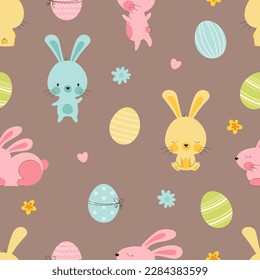 Cute hand drawn easter bunnies and eggs pattern