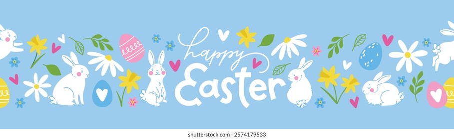 Cute hand drawn easter bunnies, spring flowers and eggs seamless design. Easter doodle background. Vector design illustration