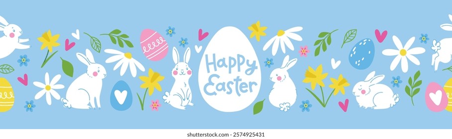 Cute hand drawn easter bunnies, spring flowers and eggs seamless design. Easter doodle background. Cute happy Easter typography.