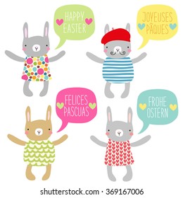 Cute hand drawn Easter bunnies with speech bubble and hand written text Happy Easter in english, german, french and spanish