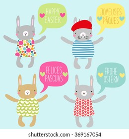 Cute hand drawn Easter bunnies with speech bubble and hand written text Happy Easter in english, german, french and spanish