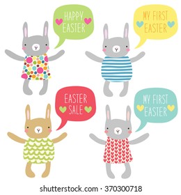 Cute hand drawn Easter bunnies with speech bubble and hand written text Happy Easter, Easter Sale, My First Easter