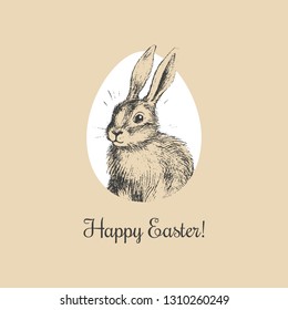 Cute hand drawn easter bunny sitting in egg for greeting card, invitation, poster, banner template. Vector illustration.