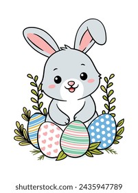 Cute Hand Drawn Easter Bunny And Eggs