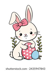Cute Hand Drawn Easter Bunny Rabbit And Eggs