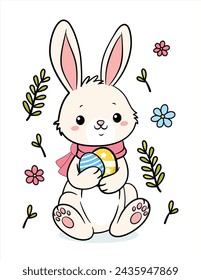 Cute Hand Drawn Easter Bunny With Two Eggs