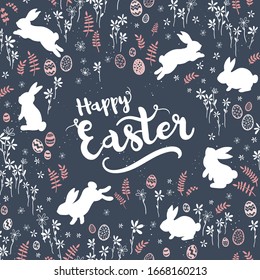 Cute hand drawn Easter Card design with bunnies, flowers and Easter eggs.