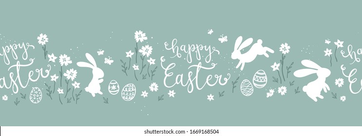 Cute hand drawn Easter Card design with Easter eggs, flowers and bunnies. 