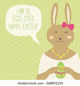 Cute hand drawn Easter card with bunny, egg and speech bubble with hand written text