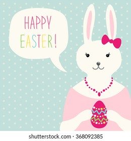 Cute hand drawn Easter card with bunny, egg and speech bubble with hand written text