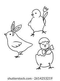 Cute hand drawn Easter chicks in different poses with accessories like bunny ears, flower, and egg shell. Concept of spring celebration and holiday fun with baby birds in festive themed illustration