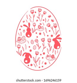 Cute hand drawn Easter design, ornate Easter Egg with bunnies, tulips, eggs and butterflies. Great for Card Designs, Banners, Wallpapers -vector design