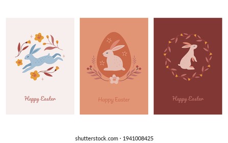 Cute hand drawn Easter design with bunnies, flowers, easter eggs, beautiful background, great for Easter Cards, banner