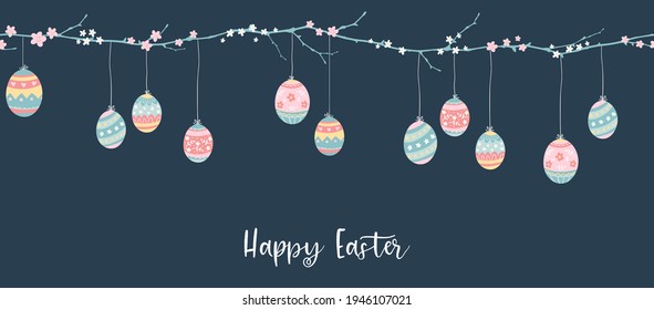 Cute hand drawn Easter design, fun colorful easter eggs and doodle flowers, great fo banners, wallpapers, cards - vector design