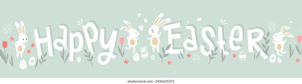 Cute hand drawn Easter design with bunnies, flowers, easter eggs, beautiful background, great for Easter Cards, banner, wallpapers