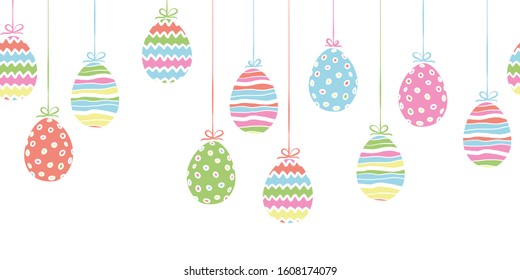 Cute hand drawn easter eggs horizontal seamless pattern, doodle eggs hanging  