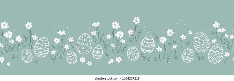 Huevos de Pascua dibujados a mano horizontal sin fisuras, divertida decoración de Pascua, excelente para banners, fondos de pared, tarjetas - diseño vectorial