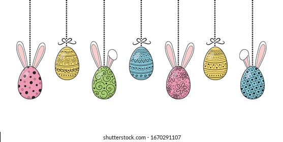 Cute hand drawn Easter eggs with bunny ears. Vector 