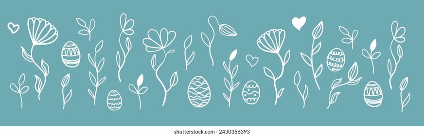 Cute hand drawn easter eggs horizontal seamless pattern, fun easter decoration, great for banners, wallpapers, cards. Vector 10 eps.