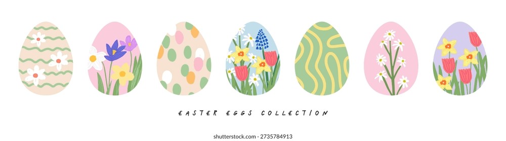 Cute hand drawn Easter eggs collection on a white background decorated with different patterns and floral designs with purple crocus, yellow daffodils, green grass, red tulips, blue grape hyacinths, white daisies, lines and polka dots. The style is, flat, cartoonish, and colorful. The image evokes a cheerful and festive spring atmosphere.
