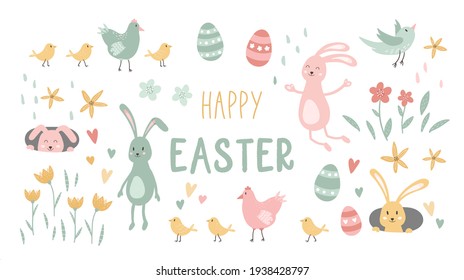 Cute hand drawn Easter elements, lovely bunnies, Easter eggs, flowers and chicken, great for decoration flyers, banners, wallpapers, print products - vector design