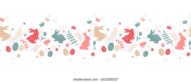 Cute hand drawn easter horizontal seamless pattern, colorful spring background with bunnies, easter eggs, flowers, butterflies - great for textiles, banners, wallpapers, cards  - vector design