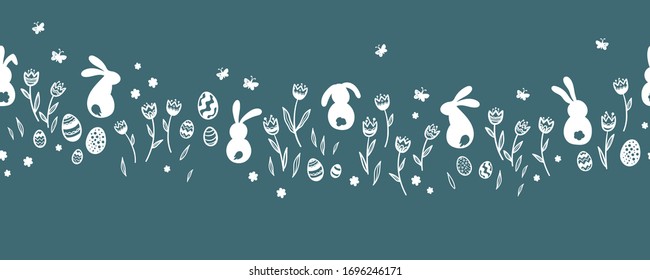 Cute hand drawn Easter horizontal seamless pattern with bunnies, flowers, easter eggs, beautiful background, great for Easter Cards, banner, textiles, wallpapers - vector design