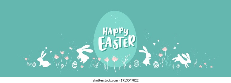 Cute hand drawn Easter horizontal design and bunnies  flowers  easter eggs  beautiful background  great for Easter Cards  banner  textiles  wallpapers    vector design
