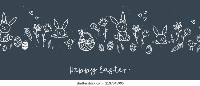 Cute hand drawn Easter horizontal seamless pattern with bunnies, flowers, easter eggs, beautiful background, great for Easter Cards, banner, textiles, wallpapers - vector design