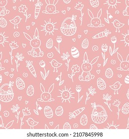 Cute hand drawn Easter horizontal seamless pattern with bunnies, flowers, easter eggs, beautiful background, great for Easter Cards, banner, textiles, wallpapers - vector design