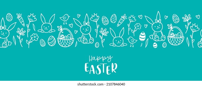 Cute hand drawn Easter horizontal seamless pattern with bunnies, flowers, easter eggs, beautiful background, great for Easter Cards, banner, textiles, wallpapers - vector design