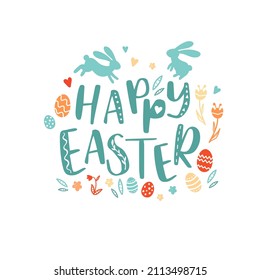 Cute hand drawn Easter horizontal design with bunnies, flowers, easter eggs, beautiful background, great for Easter Cards, banner, textiles, wallpapers - vector design