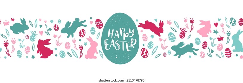 Dibujado a mano Semana Santa patrón horizontal sin costura con conejitos, flores, huevos de Pascua, fondo hermoso, genial para las tarjetas de Pascua, banner, textiles, papel de pared - diseño vectorial