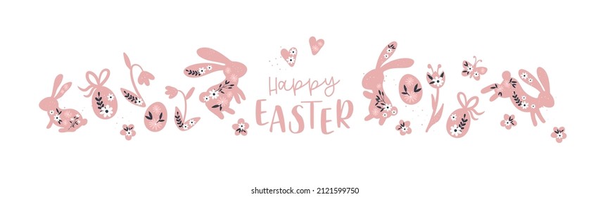 Cute hand drawn Easter horizontal seamless pattern with bunnies, flowers, easter eggs, beautiful background, great for Easter Cards, banner, textiles, wallpapers - vector design