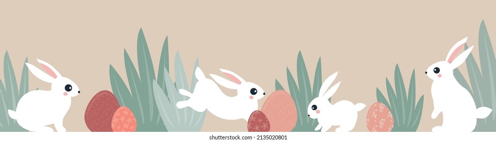 Cute hand drawn Easter horizontal banner with bunnies, flowers, Easter eggs, beautiful background, great for Easter Cards, banner, textiles, wallpapers - vector design