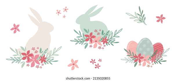 Cute hand drawn Easter horizontal banner with bunnies, flowers, Easter eggs, beautiful background, great for Easter Cards, banner, textiles, wallpapers - vector design